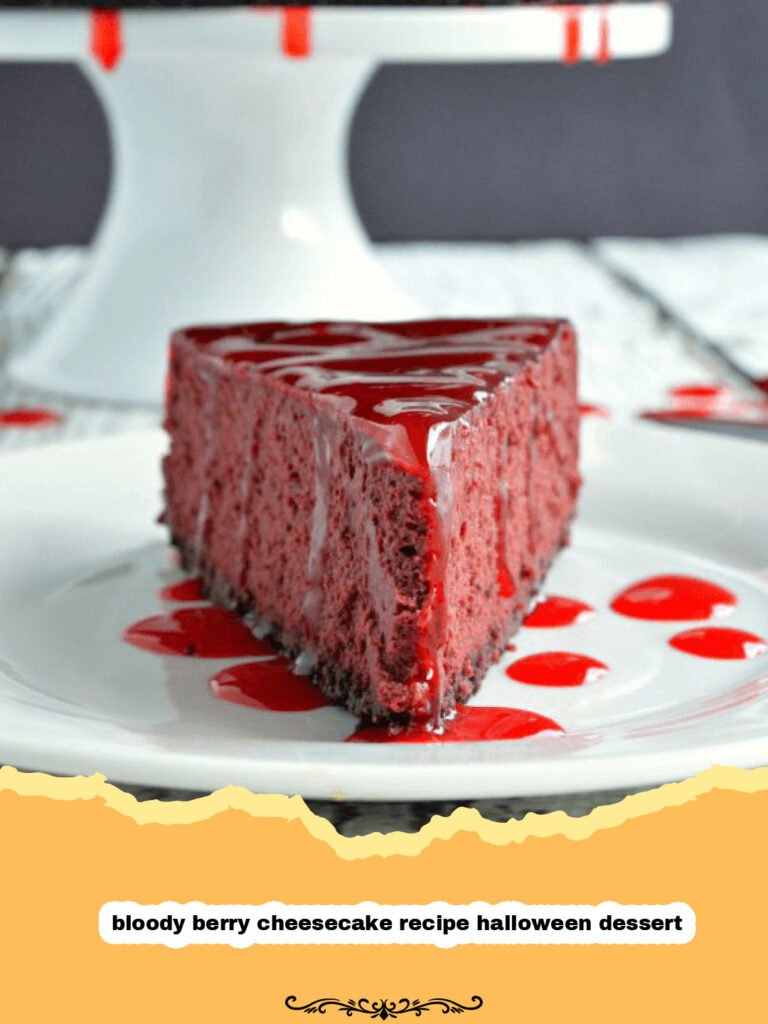 A terrifyingly delicious no-bake bloody berry cheesecake recipe Halloween dessert with crimson berry topping dripping down its sides, set on a dark, spooky background.