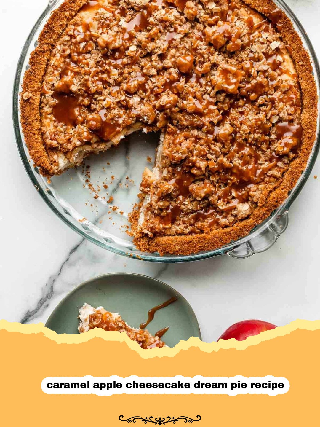 The Ultimate Caramel Apple Cheesecake Dream Pie: A Heavenly Autumn Indulgence! 3 A slice of decadent Caramel Apple Cheesecake Dream Pie on a white plate with a fork, showing layers of crust, cheesecake, apples, and caramel drizzle.