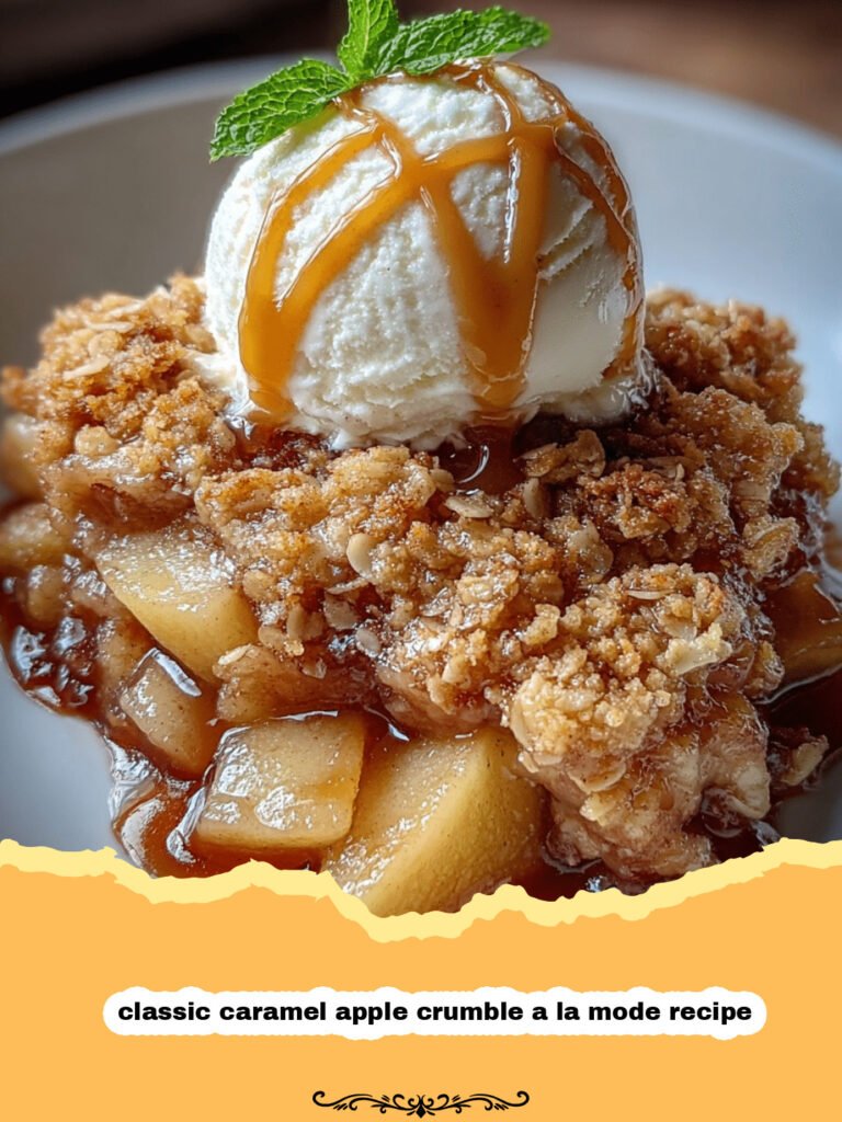 A close-up shot of a classic caramel apple crumble a la mode, showing the golden-brown crumb topping, gooey caramel, tender apple slices, and a melting scoop of vanilla ice cream on top, in a white bowl with a spoon.