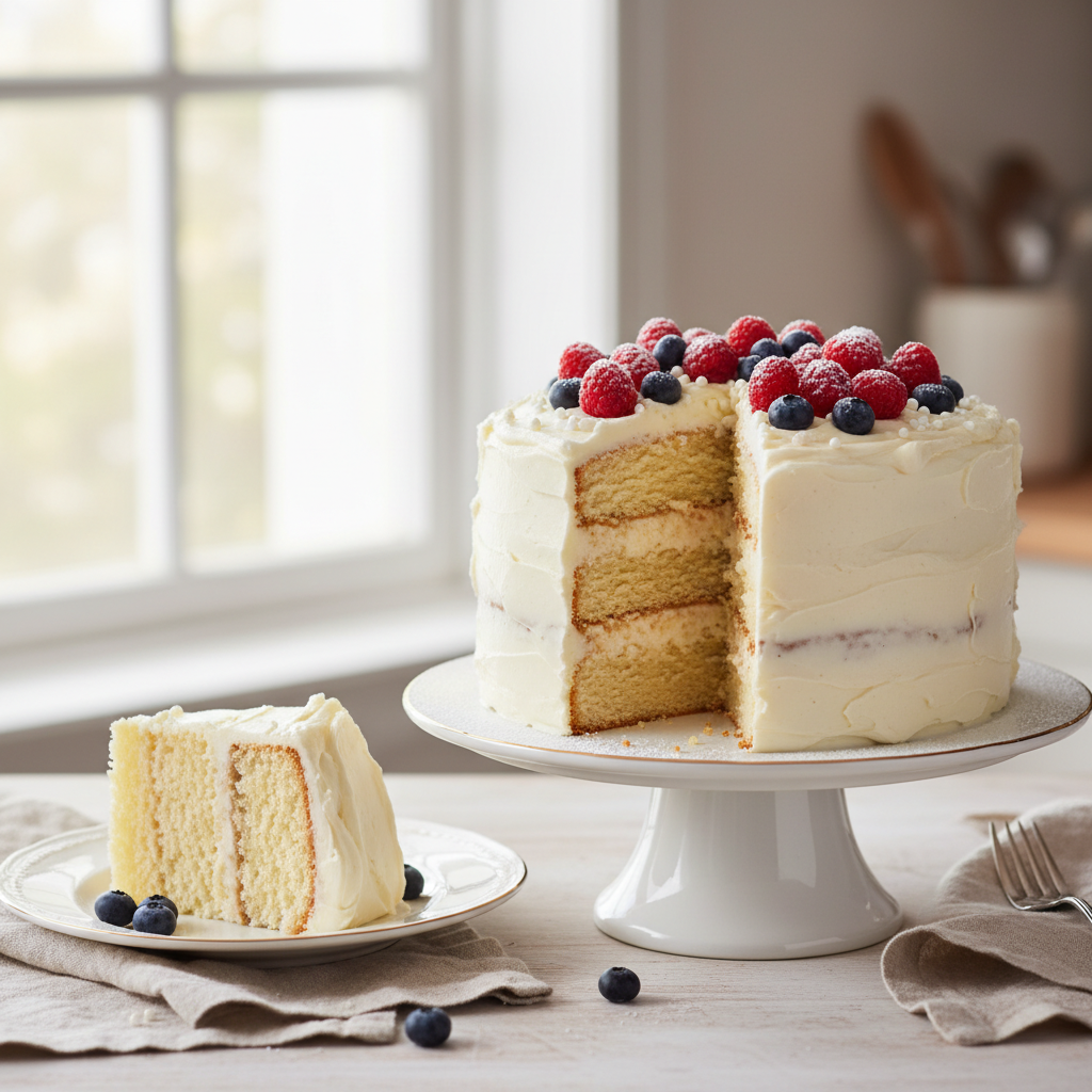 Classic Vanilla Sponge Cake: Your Guide to a Fluffy, Perfect Dessert 2 Two layers of classic vanilla sponge cake with smooth vanilla buttercream frosting and colorful sprinkles, ready for a celebration.