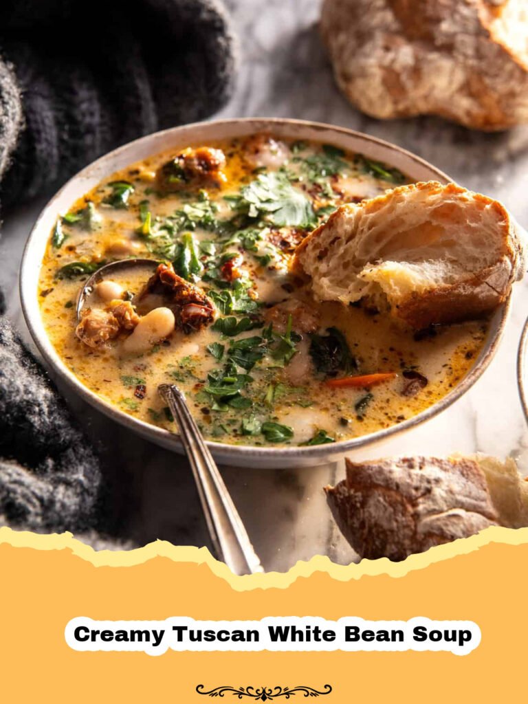 Cozy Comfort in a Bowl: My Favorite Creamy Tuscan White Bean Soup 5 A bowl of creamy Tuscan white bean soup garnished with fresh basil and Parmesan cheese.