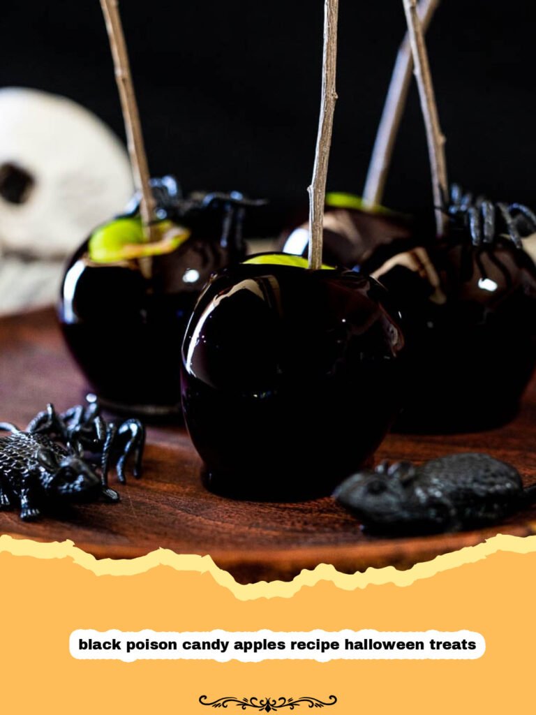 Glossy black candy apples with sticks, arranged on a dark background, looking spooky and delicious for Halloween.
