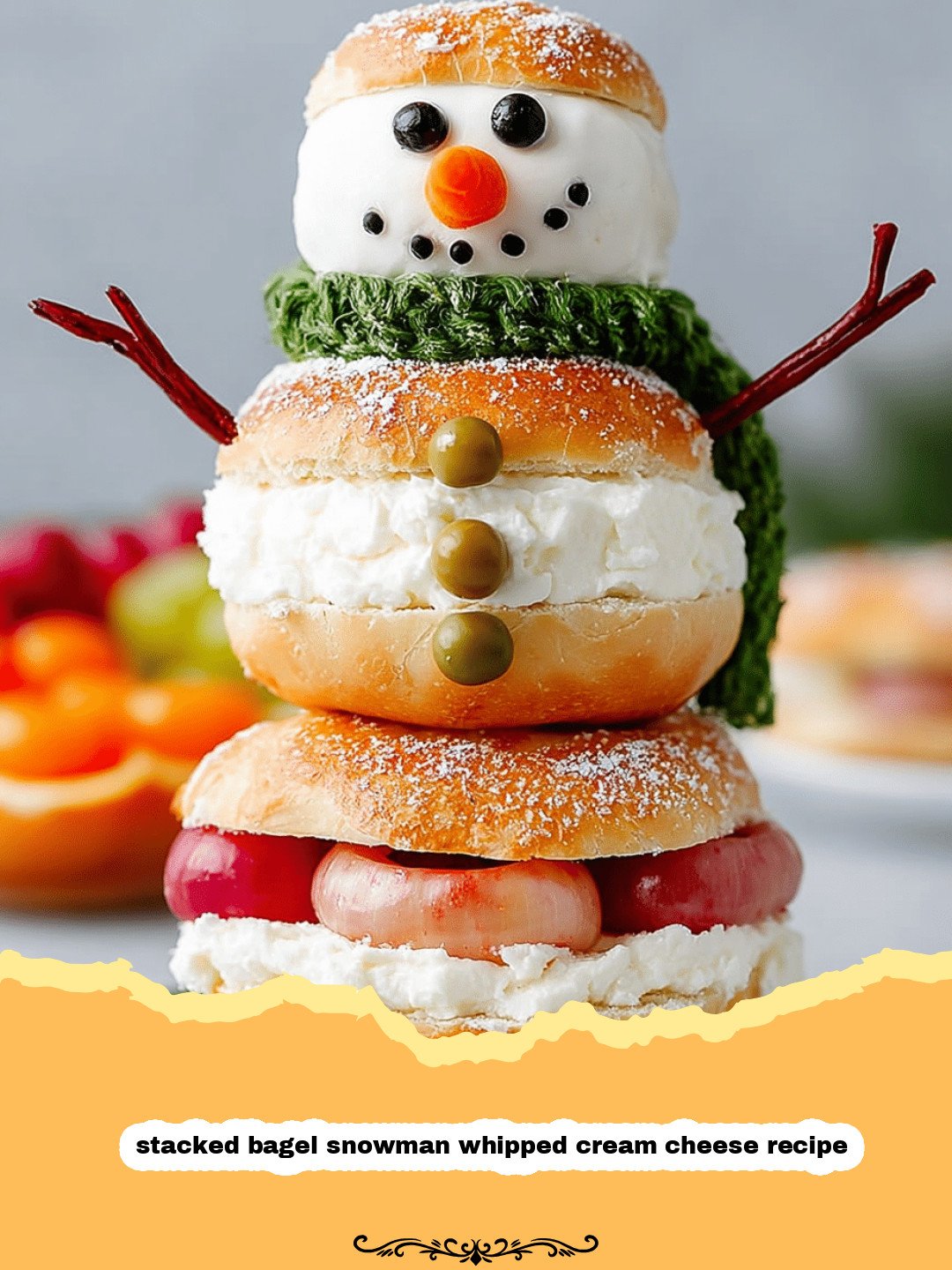 Whimsical Winter Wonder: The Stacked Bagel Snowman with Whipped Cream Cheese Recipe 3 Adorable stacked bagel snowman with whipped cream cheese, carrot nose, and chocolate chip eyes on a festive plate, surrounded by holiday decorations.