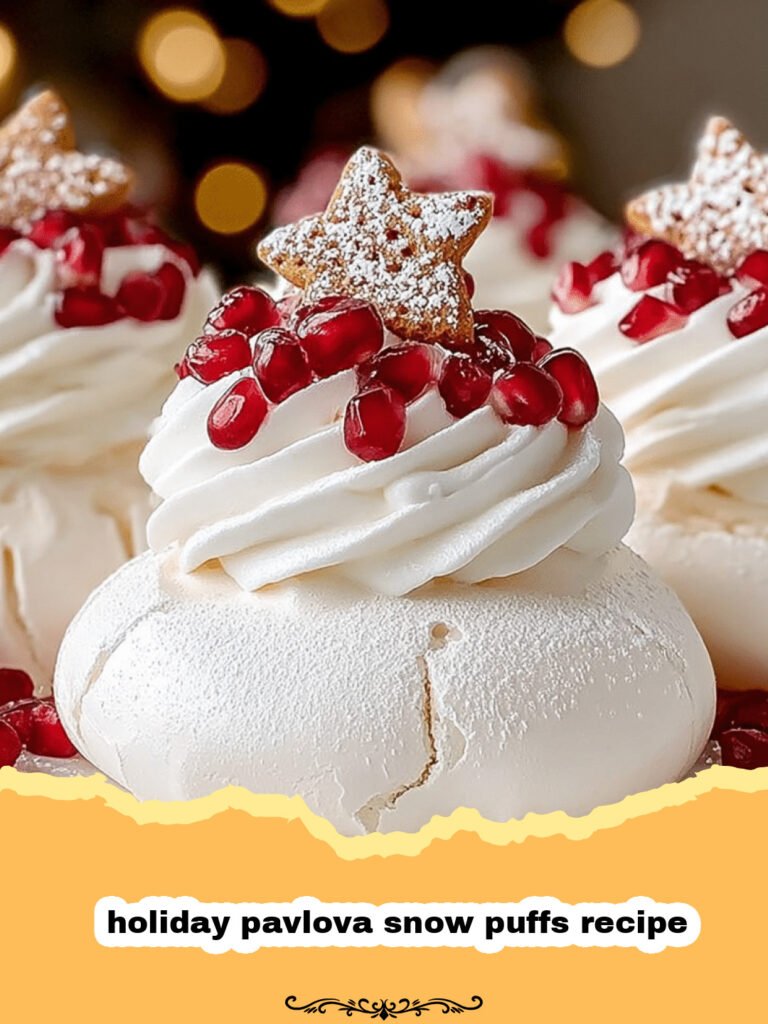 Magical Holiday Pavlova Snow Puffs: Your Ultimate Festive Dessert! 5 Close-up of holiday pavlova snow puffs recipe, individual meringues topped with whipped cream, cranberries, and mint.