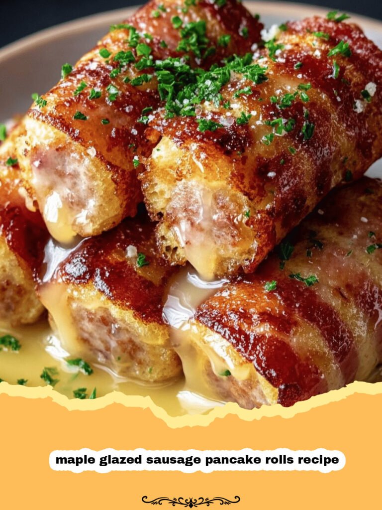 Golden-brown maple glazed sausage pancake rolls drizzled with extra syrup and powdered sugar.