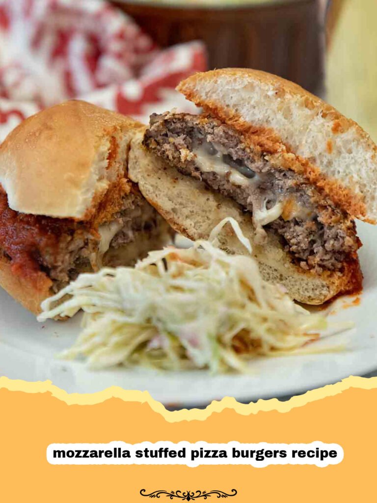 Delicious mozzarella stuffed pizza burger oozing with cheese and sauce, served on a toasted bun with toppings.
