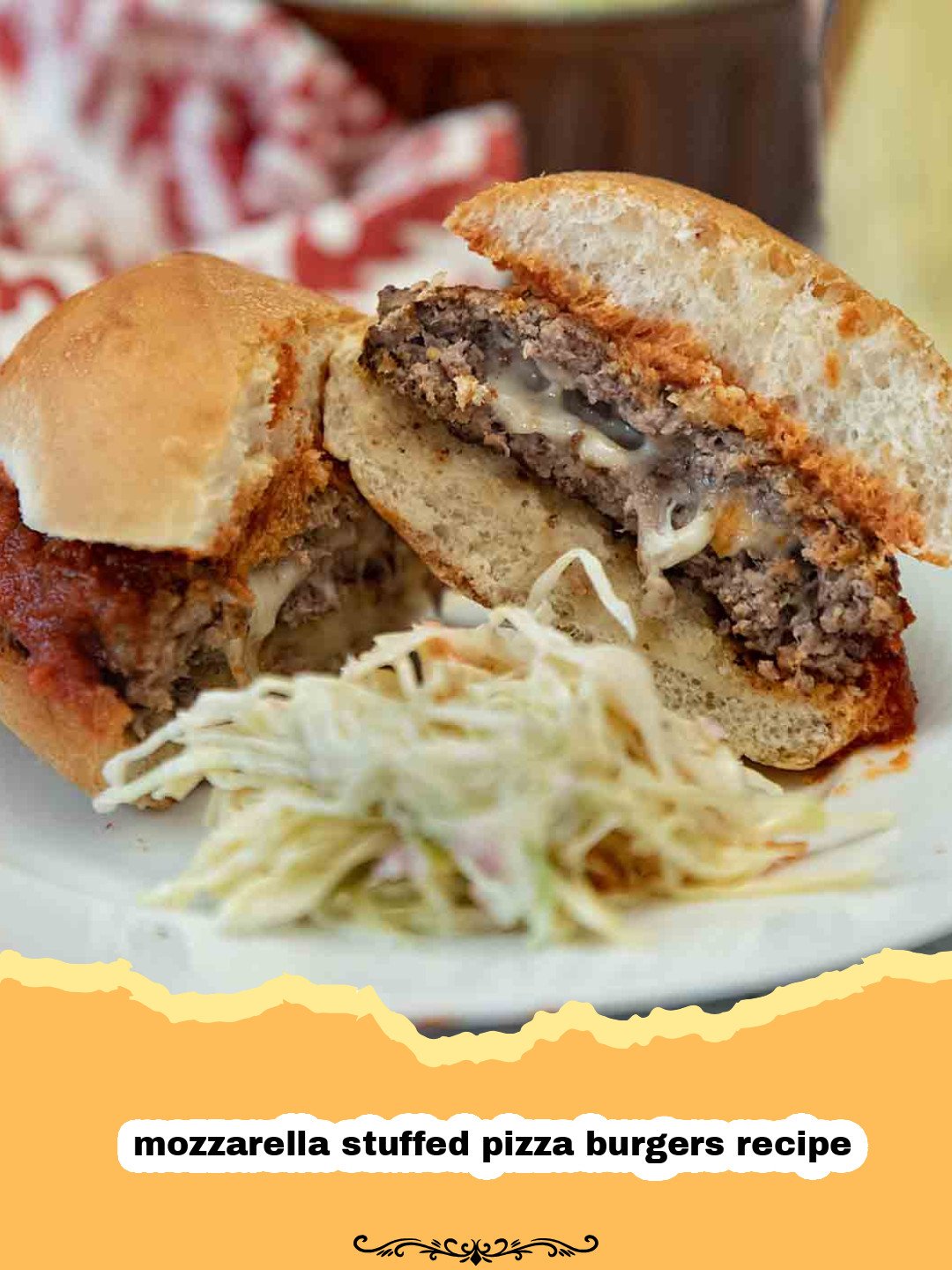 Delicious mozzarella stuffed pizza burger oozing with cheese and sauce, served on a toasted bun with toppings.
