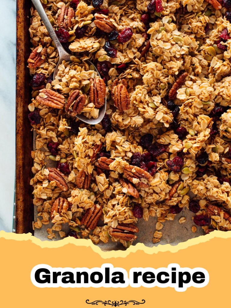 Crunchy homemade granola with almonds and dried fruit in a bowl with yogurt