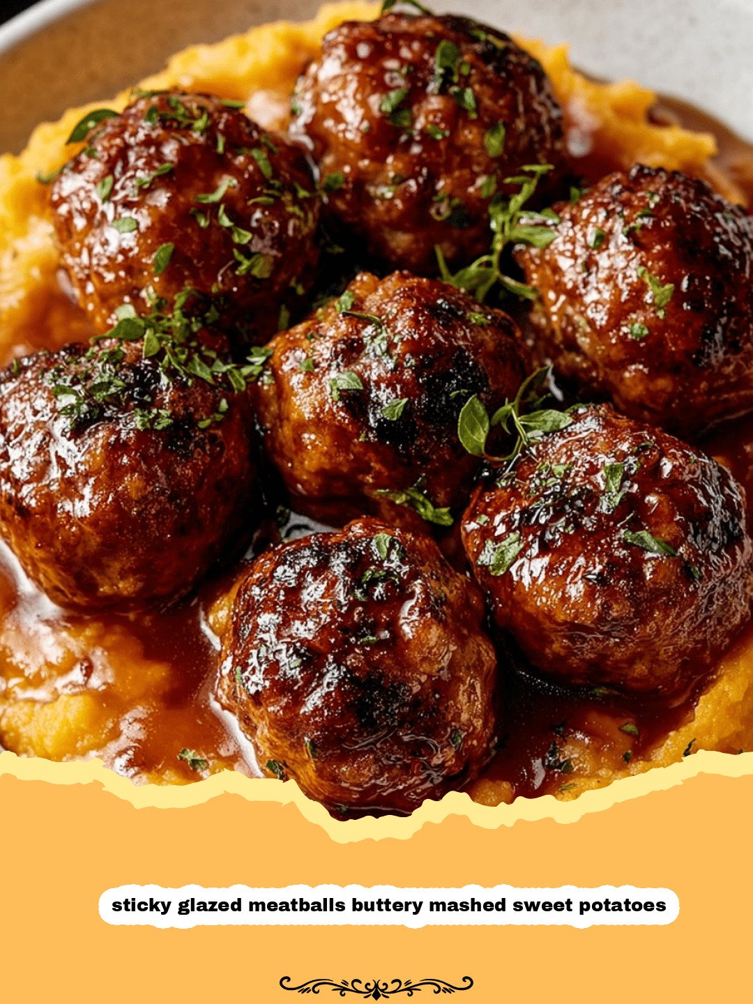 Cozy & Comforting: Sticky Glazed Meatballs with Buttery Mashed Sweet Potatoes 3 A plate of sticky glazed meatballs served alongside creamy, buttery mashed sweet potatoes, garnished with fresh parsley.