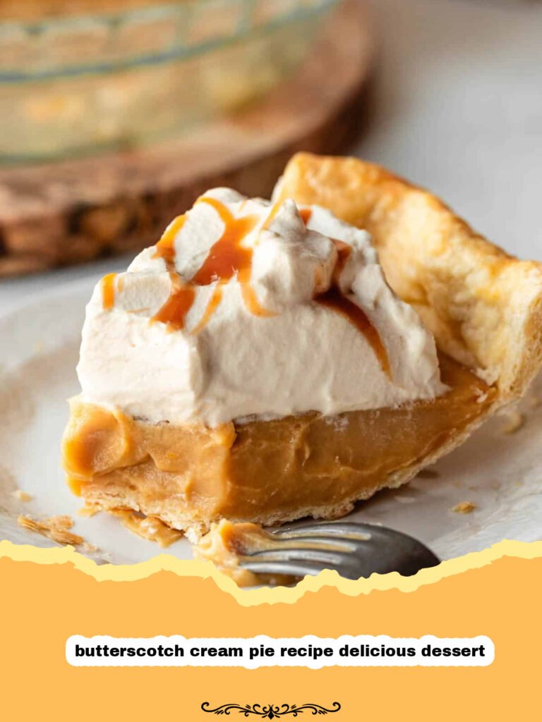 Grandma's Golden Dream: The Ultimate Butterscotch Cream Pie Recipe 5 A slice of homemade butterscotch cream pie with a golden brown filling, a thick layer of whipped cream, and a flaky crust.