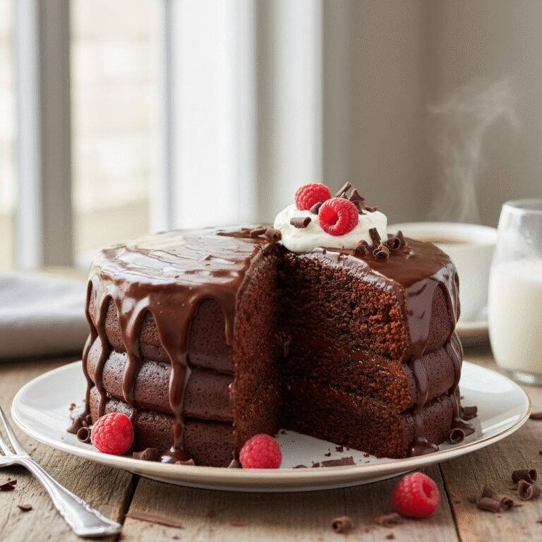 Slice of ultimate moist chocolate cake with chocolate frosting and sprinkles
