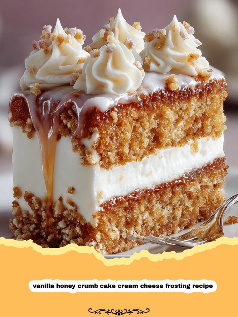 A square slice of vanilla honey crumb cake with thick cream cheese frosting and a generous crumb topping on a white plate.