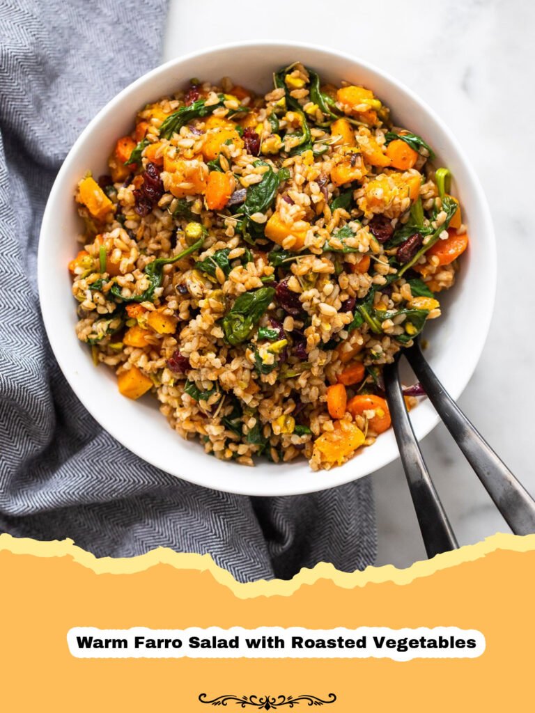 Cozy & Nutritious: The Ultimate Warm Farro Salad with Roasted Vegetables 5 A vibrant warm farro salad with perfectly roasted sweet potatoes, carrots, parsnips, red onion, and bell pepper, garnished with fresh herbs.