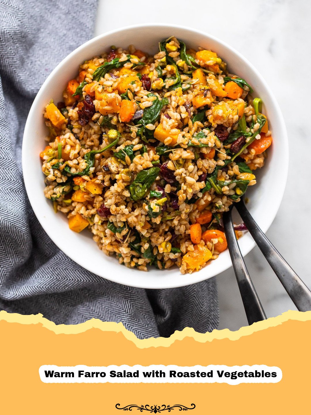 Cozy & Nutritious: The Ultimate Warm Farro Salad with Roasted Vegetables 3 A vibrant warm farro salad with perfectly roasted sweet potatoes, carrots, parsnips, red onion, and bell pepper, garnished with fresh herbs.