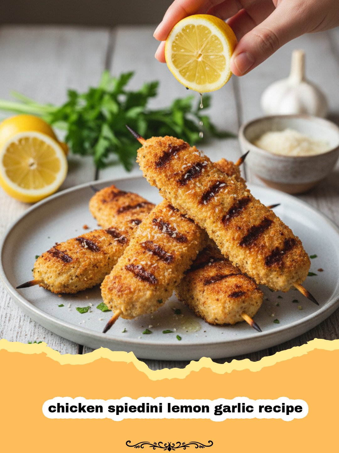 chicken spiedini lemon garlic recipe - Close up of crispy golden chicken spiedini skewers with lemon slices and garlic cloves