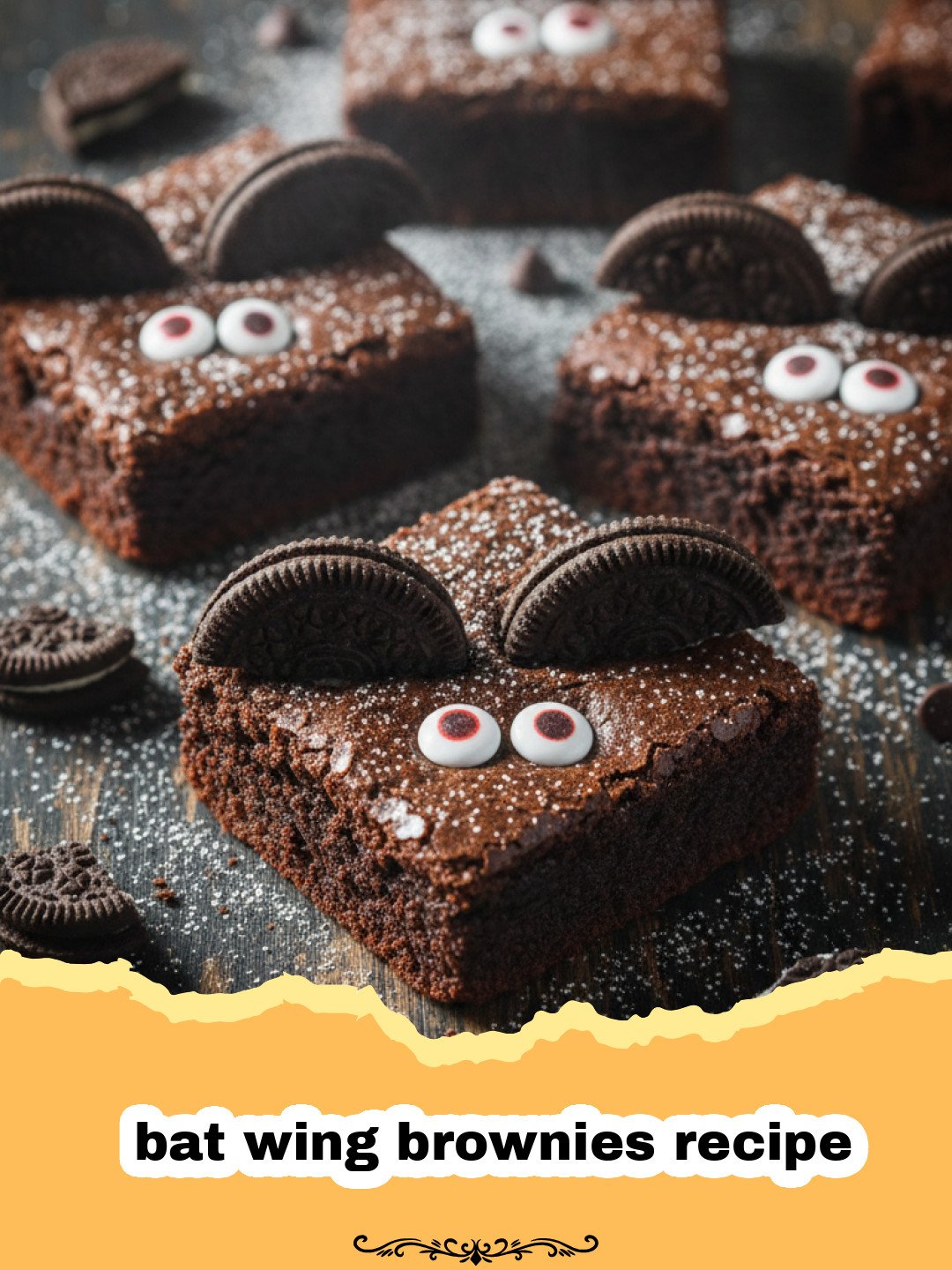 Spooky and Fudgy Bat Wing Brownies Recipe 3 bat wing brownies recipe - A tray of dark chocolate fudgy brownies with chocolate wafer bat wings