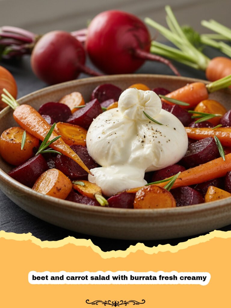 A vibrant beet and carrot salad with a large ball of burrata cheese on top, drizzled with a lemon-herb dressing, on a white plate.