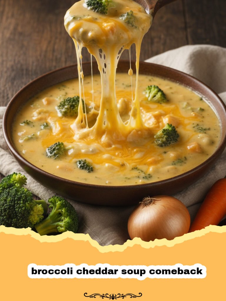broccoli cheddar soup comeback - A steaming bowl of creamy broccoli cheddar soup with grated cheese on top.