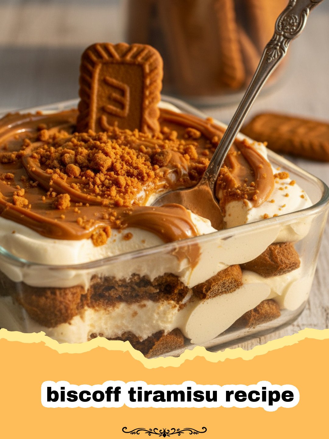biscoff tiramisu recipe - A close up shot of a slice of Biscoff Tiramisu showing distinct layers of cookies and cream.