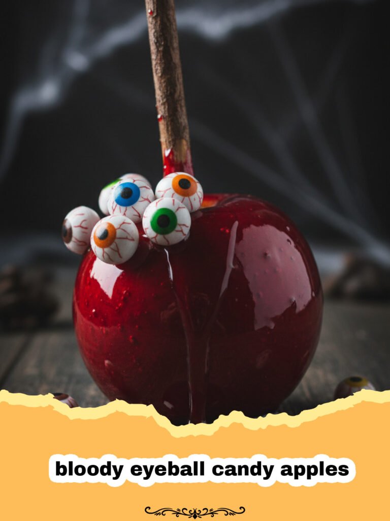 Bloody Eyeball Candy Apples: A Ghoulishly Sweet Halloween Treat 5 A close-up of glossy red bloody eyeball candy apples with white candy eyes.
