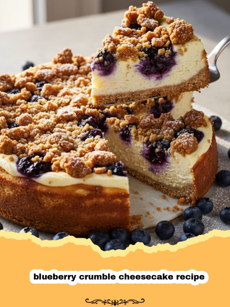 blueberry crumble cheesecake recipe - A tall slice of blueberry crumble cheesecake with fresh berries and golden streusel on top.