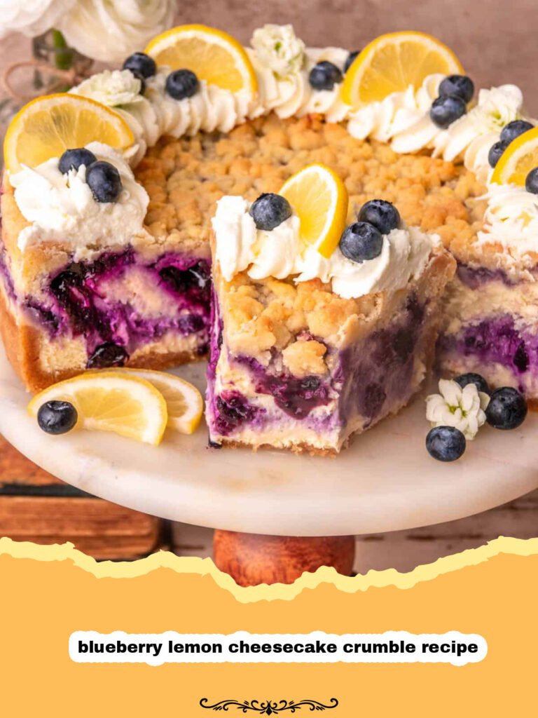 A close-up of a slice of blueberry lemon cheesecake crumble on a white plate, showing the creamy filling, vibrant blueberries, and golden oat crumble topping.