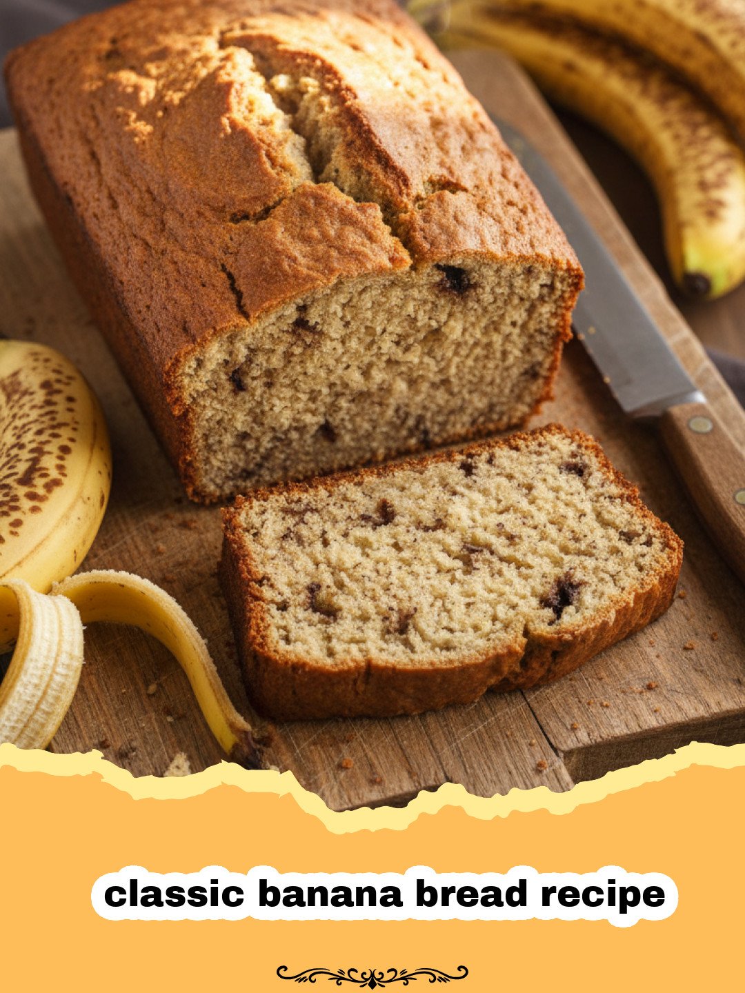 classic banana bread recipe - A golden brown loaf of classic banana bread sliced on a wooden board.