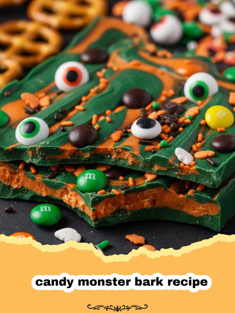 candy monster bark recipe - A close-up of colorful candy monster bark with neon green, purple, and blue swirls and many edible candy eyes.