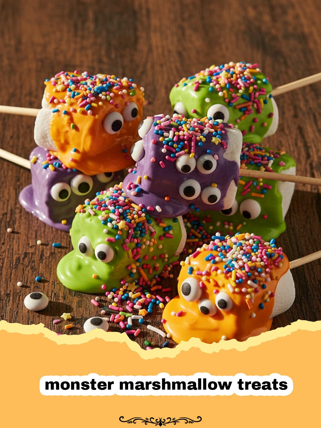 A tray of colorful monster marshmallow treats with candy eyes