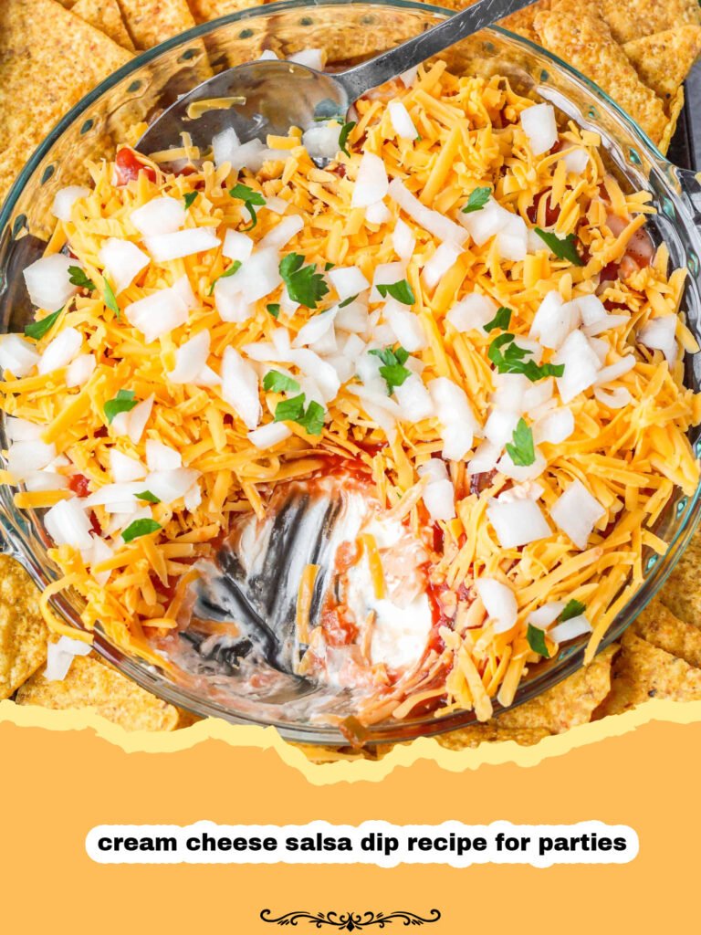 The Ultimate Cream Cheese Salsa Dip for Parties: Easy & Irresistible! 5 A vibrant cream cheese salsa dip in a white bowl, surrounded by tortilla chips, with fresh cilantro garnish.