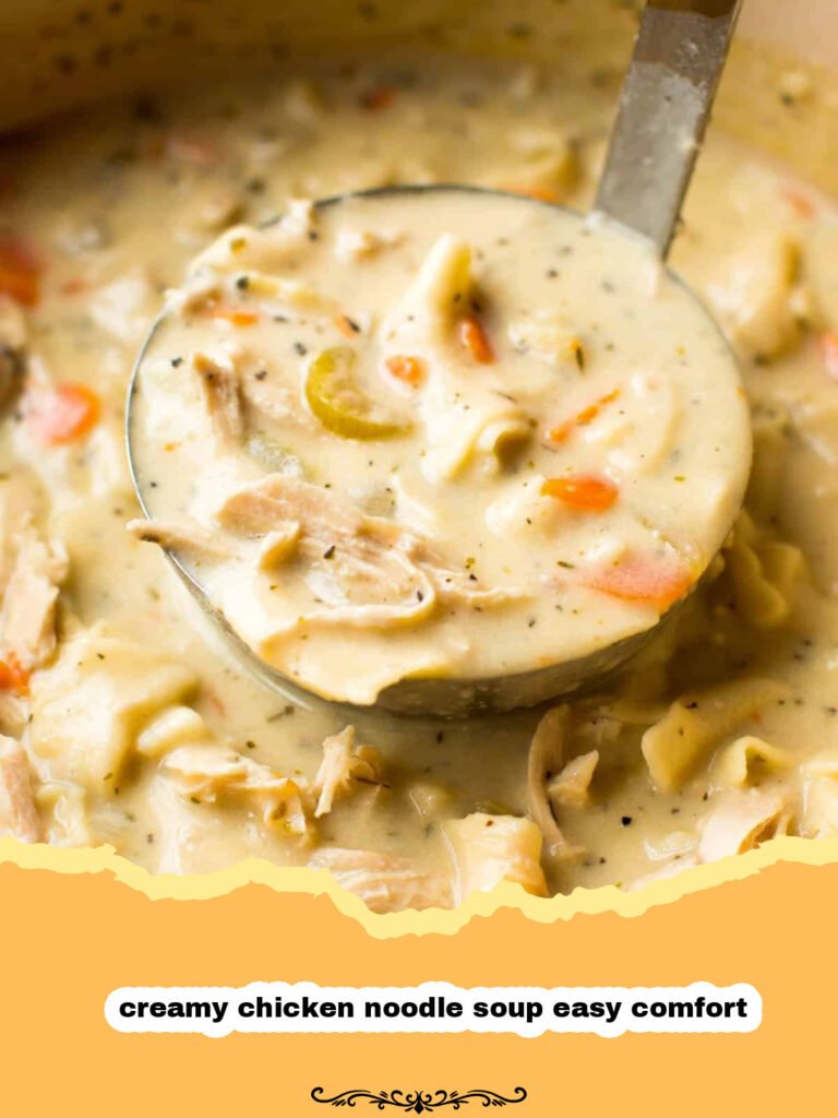 A steaming bowl of creamy chicken noodle soup with fresh parsley garnish.