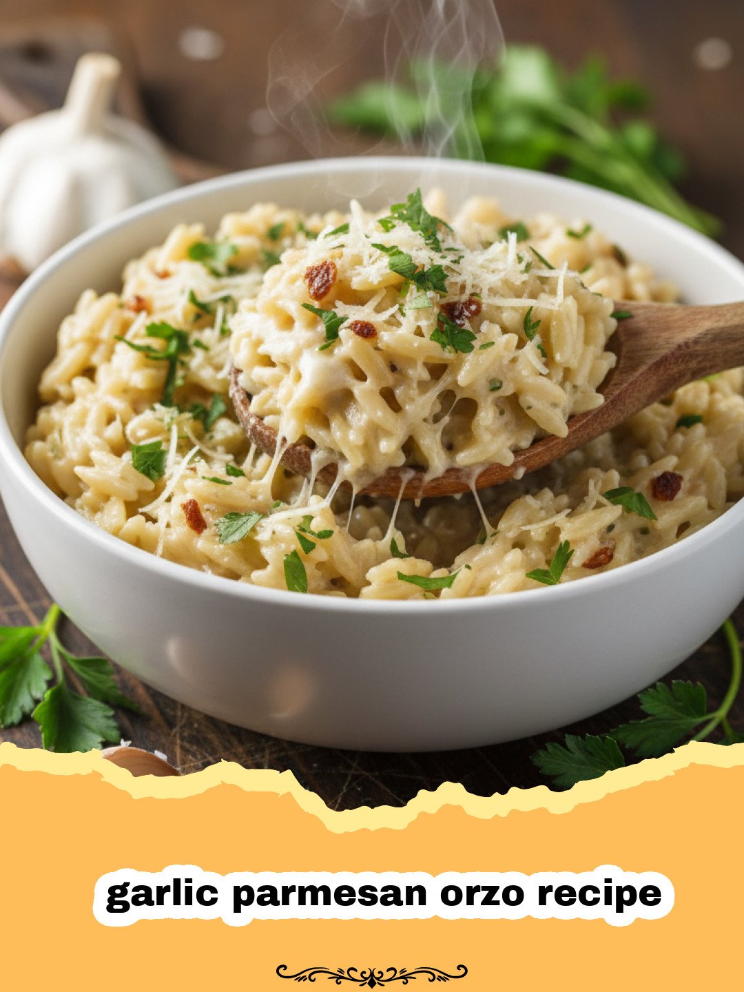 Garlic Parmesan Orzo: Your New Favorite Weeknight Side Dish 3 A close-up shot of creamy garlic parmesan orzo in a white bowl, garnished with fresh parsley and a sprinkle of Parmesan.