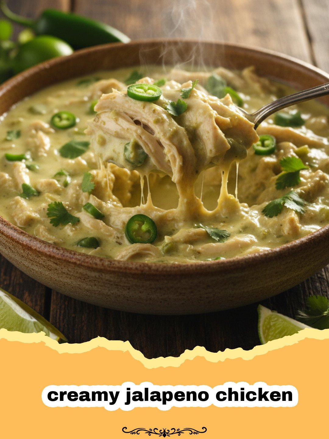 A close-up of creamy jalapeno chicken in a skillet, garnished with fresh cilantro and lime.