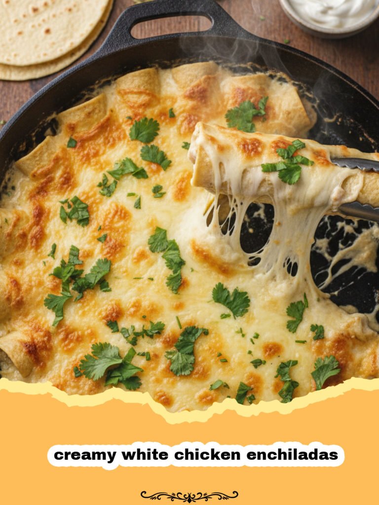 A close up of creamy white chicken enchiladas in a baking dish topped with melted cheese and fresh cilantro.