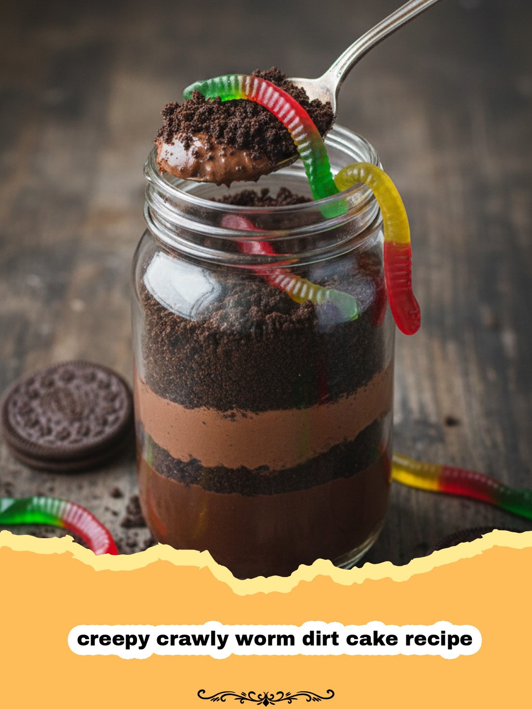 How to Make the Ultimate Creepy Crawly Worm Dirt Cake Recipe 3 A close up of a creepy crawly worm dirt cake recipe in a glass bowl with gummy worms.