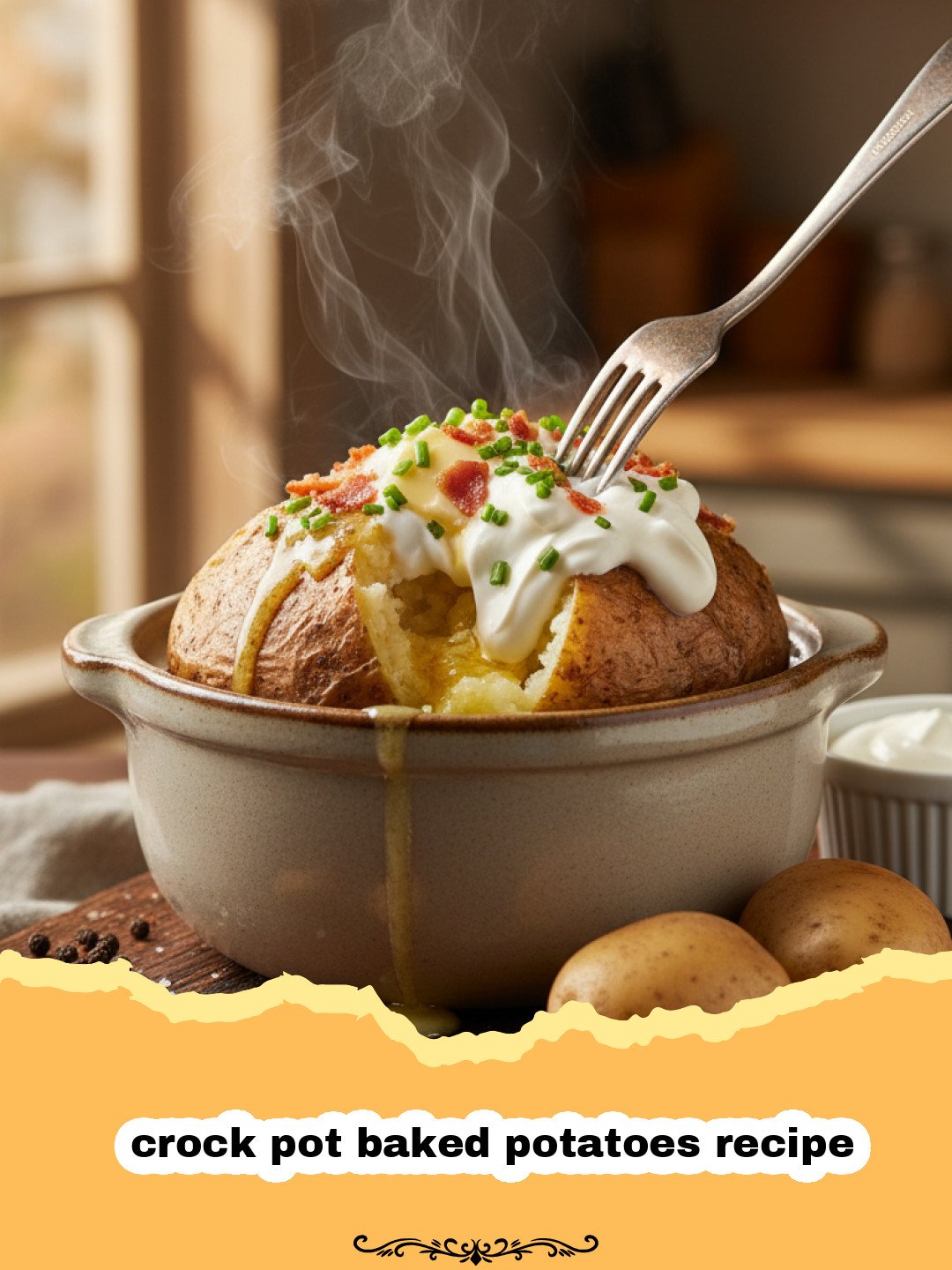 crock pot baked potatoes recipe - A stack of fluffy baked potatoes made in a crock pot, topped with butter and chives.