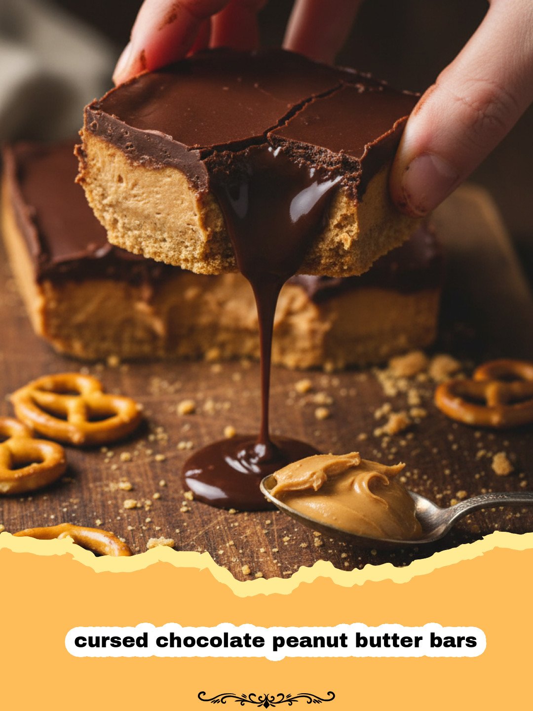 A tray of sliced cursed chocolate peanut butter bars with a glossy chocolate top.