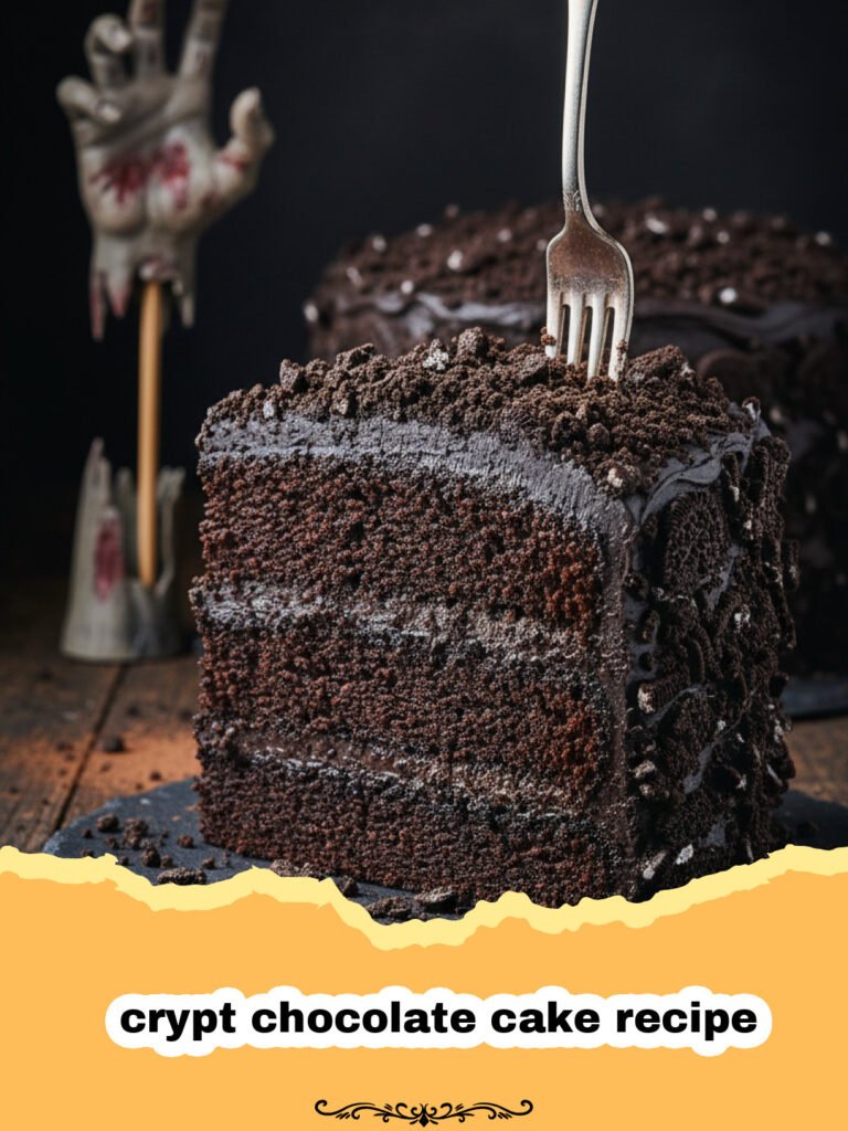 The Most Decadent Crypt Chocolate Cake Recipe for Spooky Nights 5 crypt chocolate cake recipe - A dark, multi-layered chocolate cake decorated to look like a spooky crypt with chocolate dirt and cookie tombstones.