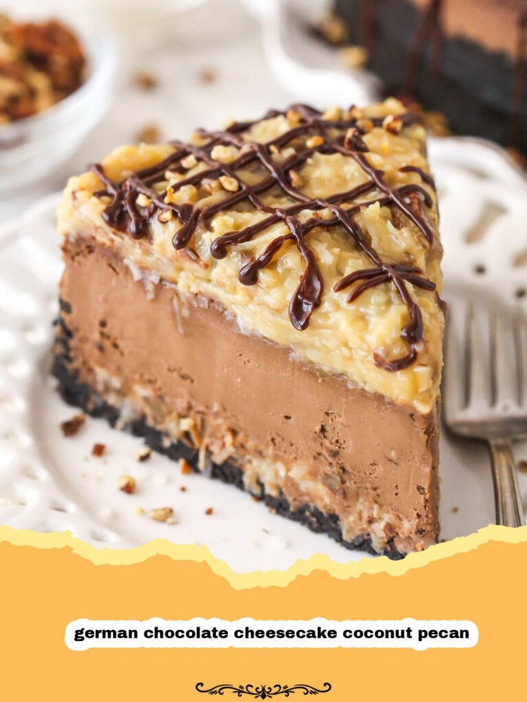 The Ultimate German Chocolate Cheesecake: A Decadent Coconut Pecan Dream 5 A glorious slice of German Chocolate Cheesecake, showcasing its rich chocolate crust, creamy chocolate filling, and a generous, gooey coconut pecan topping, served on a pristine white plate.