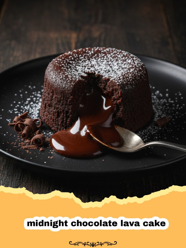 The Ultimate Midnight Chocolate Lava Cake for Sweet Cravings 5 A warm midnight chocolate lava cake on a white plate with a molten center oozing out.