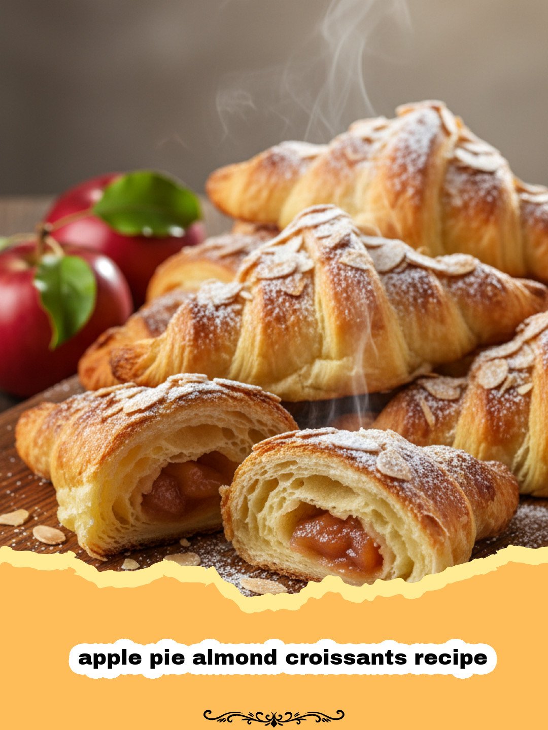 apple pie almond croissants recipe - Close-up of golden brown apple pie almond croissants dusted with powdered sugar and topped with sliced almonds.