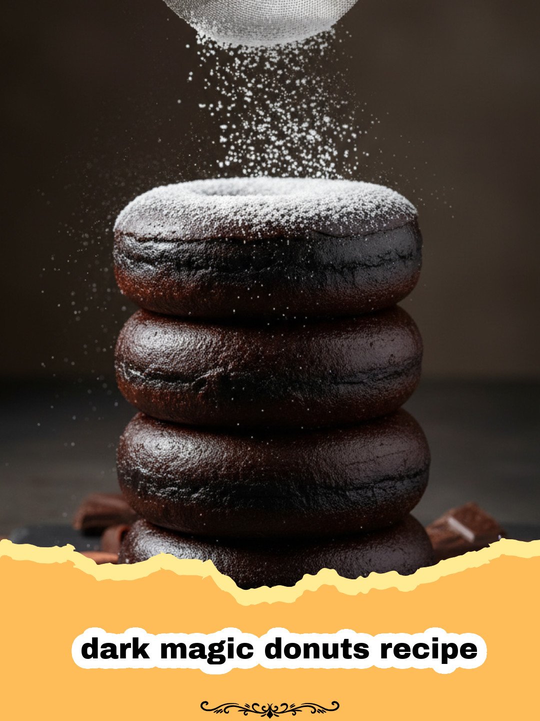 dark magic donuts recipe - A stack of deep dark chocolate donuts with a shiny chocolate glaze on a dark background.