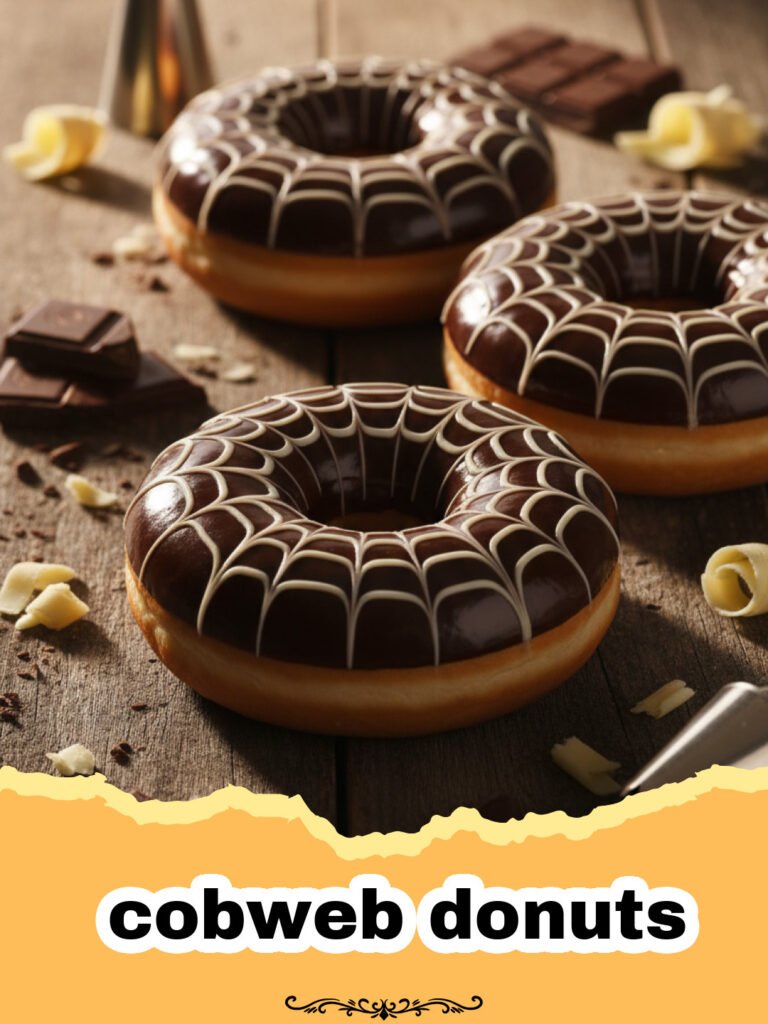 cobweb donuts - A close up shot of a chocolate glazed donut with white marshmallow webs stretched across the top.