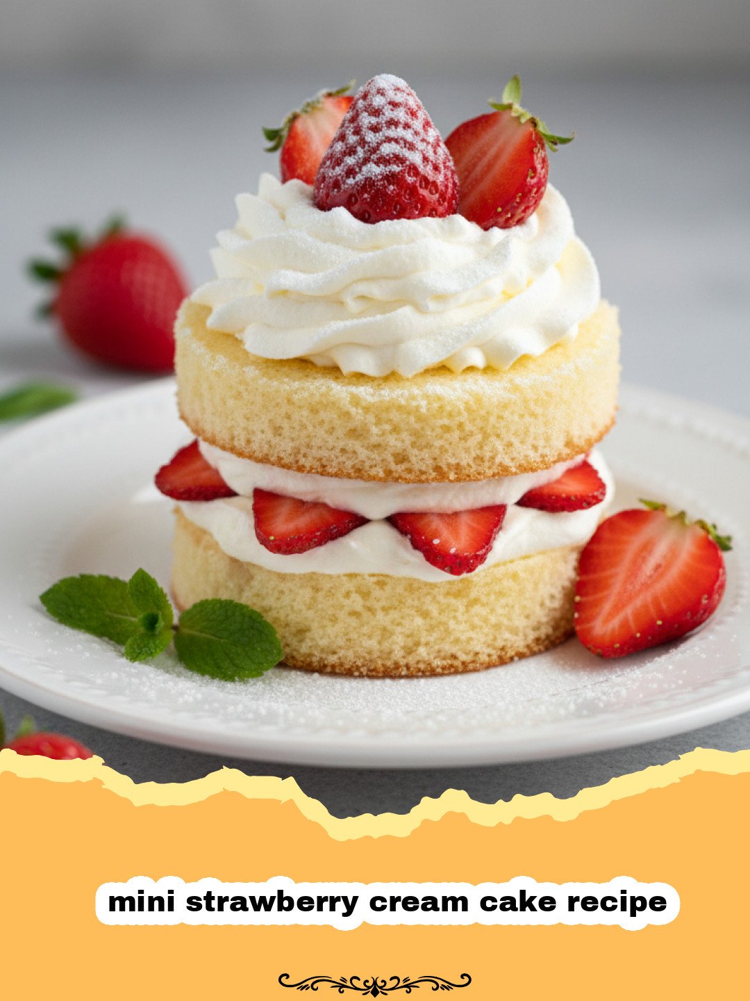 mini strawberry cream cake recipe - Mini strawberry cream cakes stacked with whipped cream and fresh berries