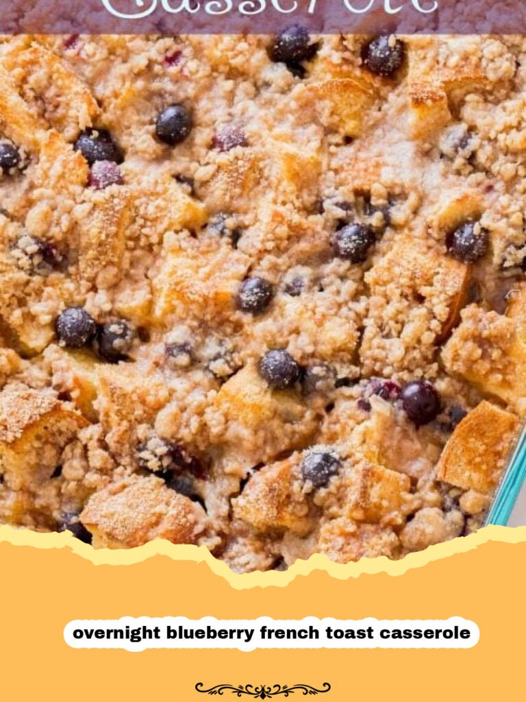 The Ultimate Overnight Blueberry French Toast Casserole: A Burst of Sunshine for Your Morning! 5 Golden-brown overnight blueberry french toast casserole in a white baking dish, dusted with powdered sugar and garnished with fresh blueberries and mint leaves.