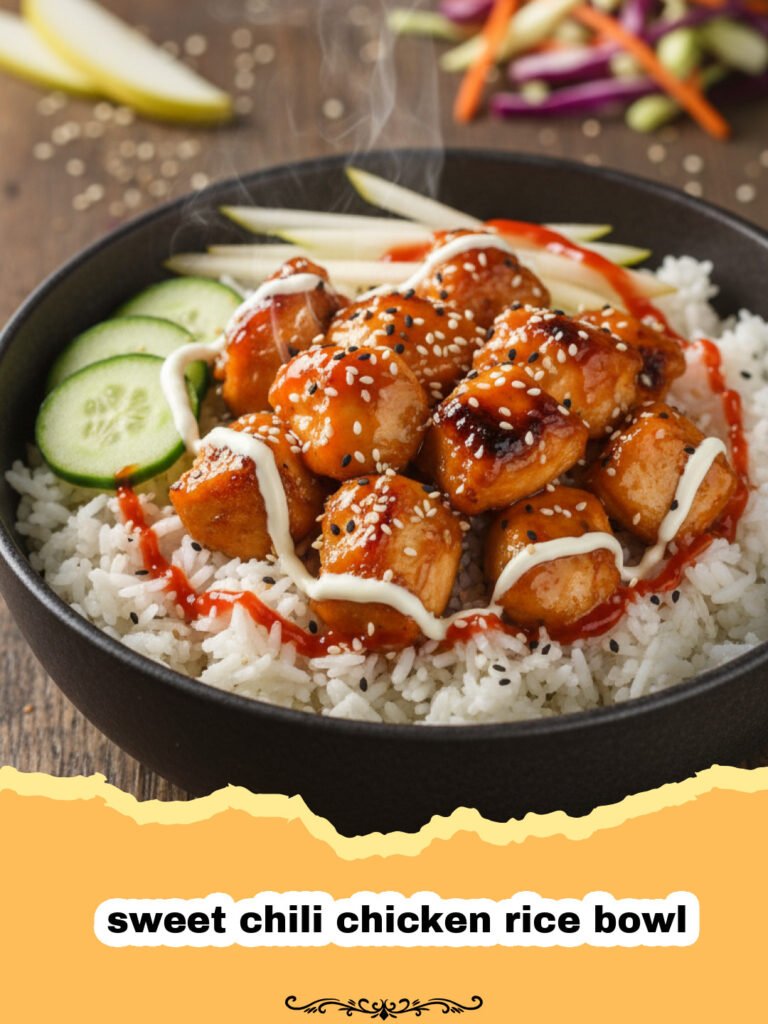 A vibrant sweet chili chicken rice bowl topped with sesame seeds and green onions