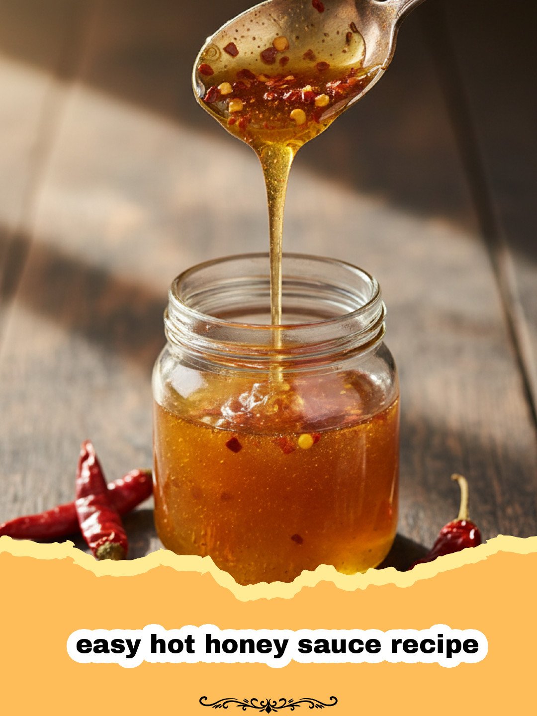 easy hot honey sauce recipe - A glass jar filled with spicy hot honey sauce and red chili flakes.