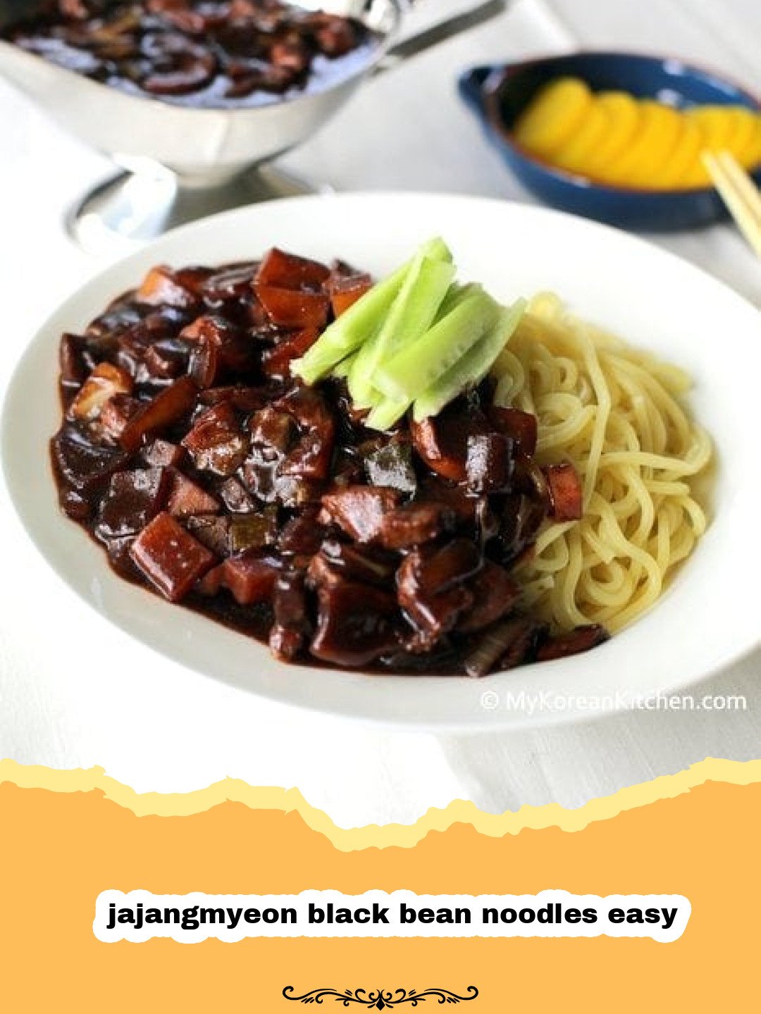 My Secret to the Best Homemade Jajangmyeon Black Bean Noodles 3 A close-up of a bowl of homemade jajangmyeon black bean noodles topped with fresh cucumber strips and a fried egg.