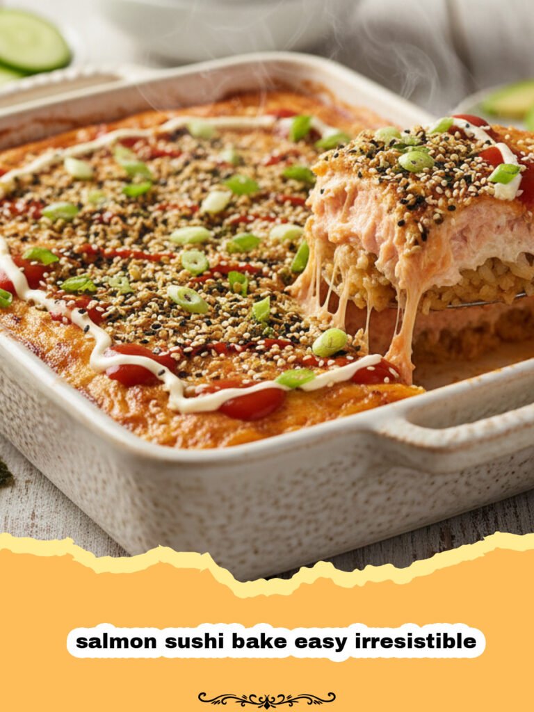 The Ultimate Easy Irresistible Salmon Sushi Bake: A Deconstructed Dream! 5 Close-up of a golden-brown salmon sushi bake with creamy topping, sesame seeds, and furikake, served with nori and avocado slices.