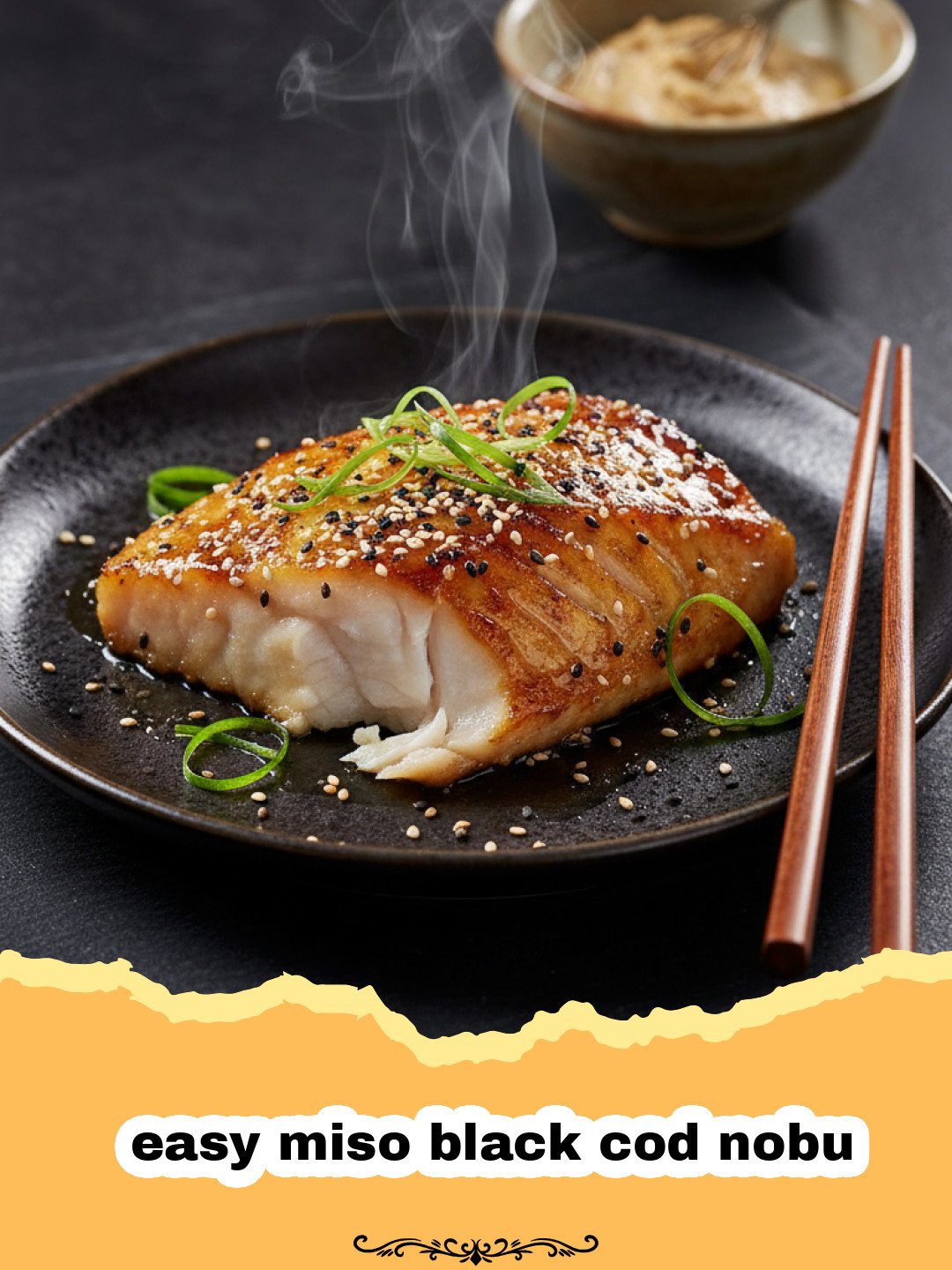 easy miso black cod nobu - A perfectly charred fillet of miso black cod served on a white plate.
